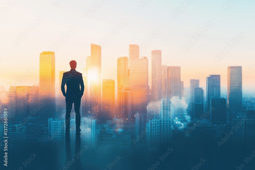 Career opportunity theme: Professional business banner featuring a leader gazing at a city skyline with office towers, representing ambition and success Career opportunity theme: Professional business banner featuring a leader gazing at a city skyline with office towers, representing ambition and success