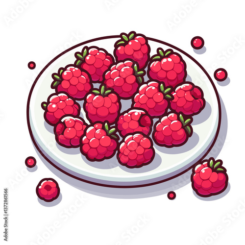 Vector image of fresh strawberries on white plate. Ideal for healthy eating blogs, summer recipe websites, and organic food marketing.