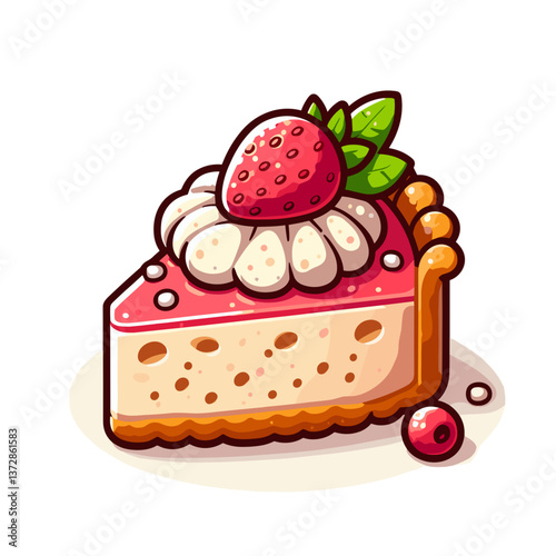 Vector art of strawberry cheesecake slice with cream topping. Ideal for dessert menus, bakery websites, and recipe blogs focused on sweet treats.