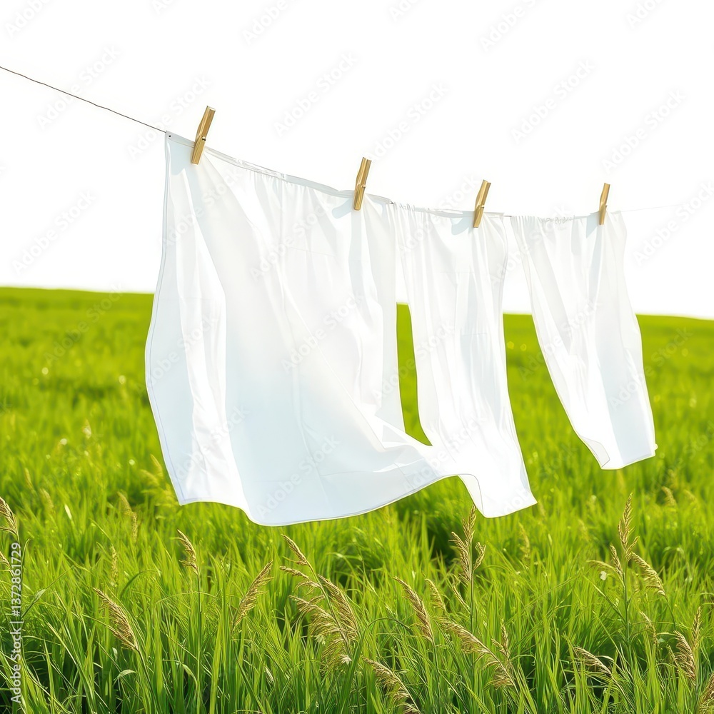 Crisp white laundry billows gently on a clothesline, swaying in a breezy green field against a bright white backdrop, organic, green field, pastoral