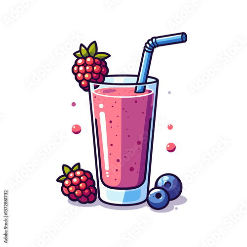 Vector illustration of berry smoothie in glass with straw. Ideal for healthy beverage blogs, juice bar menus, and summer refreshment promotions.