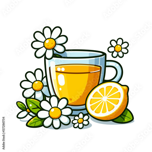 Vector illustration of chamomile tea with lemon slice and flowers. Perfect for herbal tea promotions, relaxation product websites, and natural remedy guides.
