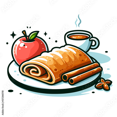 Vector drawing of apple strudel with cinnamon and coffee. Ideal for bakery menus, café websites, and traditional dessert recipe blogs.