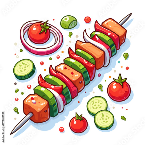 Vector illustration of vegetable and meat kebab with tomatoes and cucumbers. Ideal for BBQ recipes, summer grilling websites, and outdoor cooking guides.