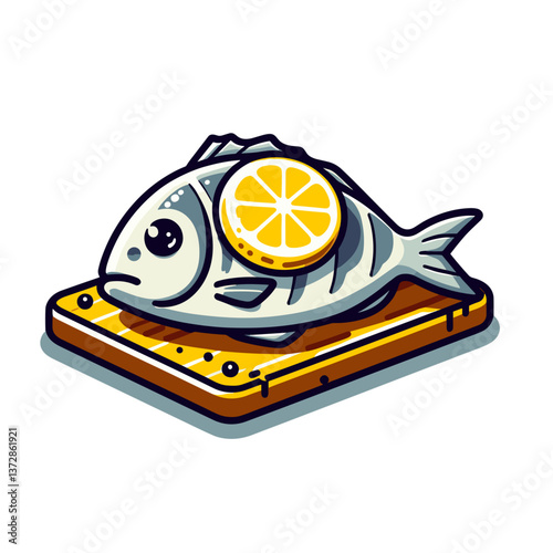 Vector illustration of raw fish on wooden cutting board with lemon slice. Perfect for seafood restaurant menu, cooking blog, or fish market promotional material.