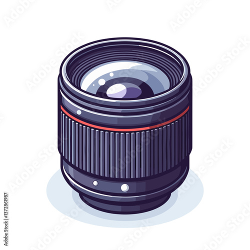 Vector illustration of professional camera lens on light blue background. Perfect for photography equipment shop, photo blog, or creative professional service promotion.