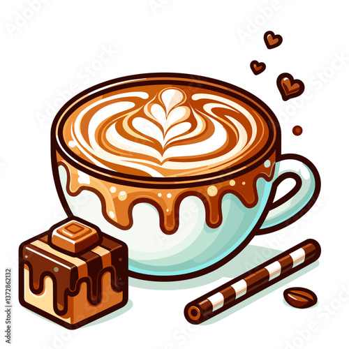 Vector illustration of cappuccino cup with latte art and chocolate dessert. Perfect for coffee shop menus, cafe branding, and bakery promotions.