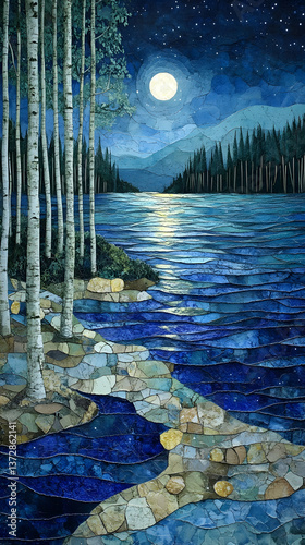 Moonlit waters reflect the forest Trees line the lake with birch in the foreground all under a starry sky in cool hue