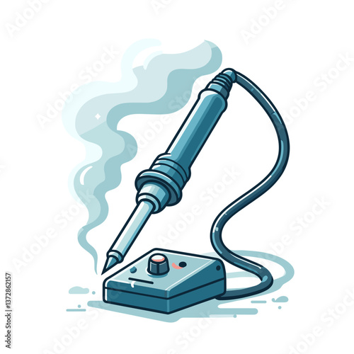 Vector illustration of soldering iron with smoke and base station. Ideal for electronics repair tutorials, DIY websites, and hardware store catalogs.
