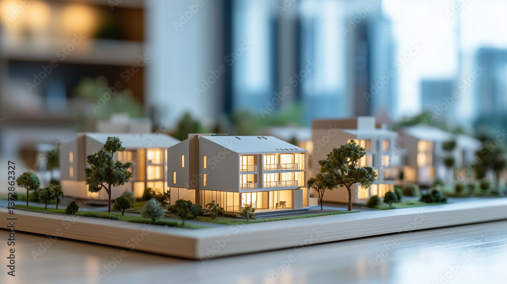 Small apartment models with real estate price tags, large urban towers visible behind them.