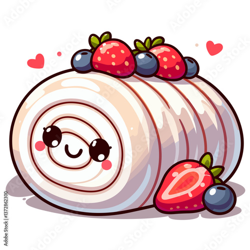 Vector illustration of Swiss roll cake with berries and kawaii face. Perfect for bakery websites, dessert menus, and cute food-themed blogs.