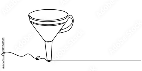 funnel with handle continuous one line drawing, Continuous line art of an oil funnel, Funnel Black Stroke Linear Icon, Filter funnel one line continuous drawing. Laboratory glass equipment continuous.