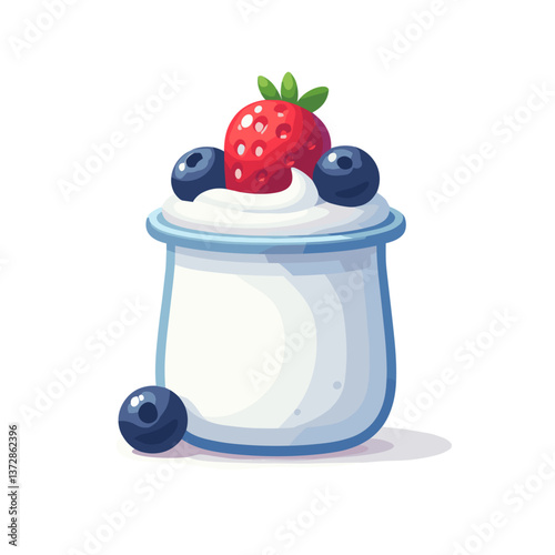 Vector illustration of yogurt jar with berries in simple style. Perfect for healthy breakfast blogs and dairy product packaging design.