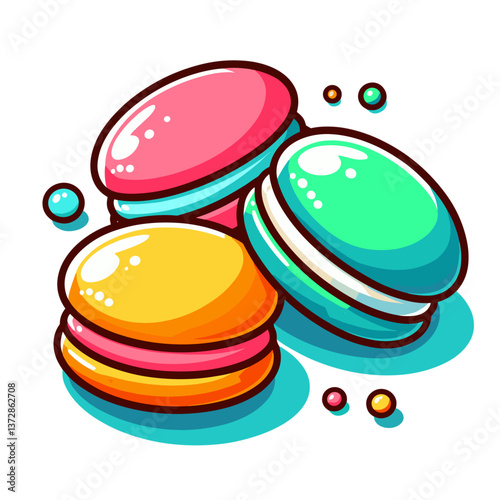 Colorful macarons in bright pastel colors stacked on teal background. Perfect for patisserie websites, dessert blogs, or French bakery promotions.