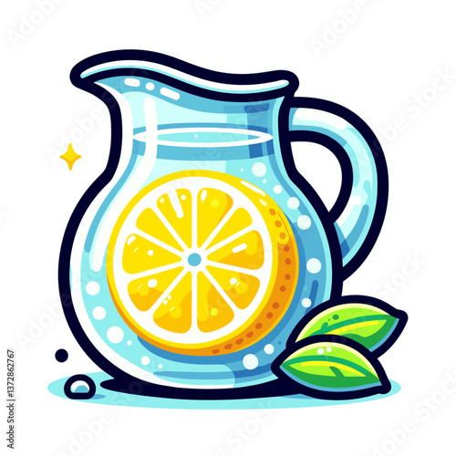 Vector illustration of lemonade pitcher with sliced lemon and ice in fresh blue and yellow tones. Perfect for summer beverage marketing or cafe menus.