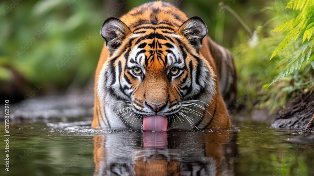 Fototapeta premium Tiger Drinking in a Forest Stream