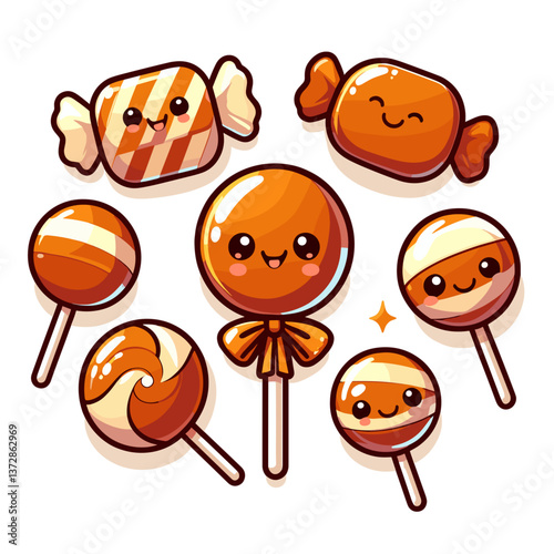 Vector illustration of cute cartoon lollipops and caramels. Ideal for candy shop branding, children's birthday party decorations, and sweet treat promotions.