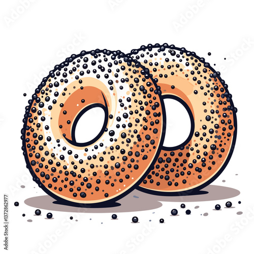 Vector illustration of two bagels with poppy seeds. Ideal for bakery websites, breakfast menu designs, and traditional food blogs.
