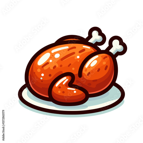 Vector illustration of roasted whole chicken on plate. Perfect for recipe websites, holiday meal planning guides, and traditional cooking blogs.