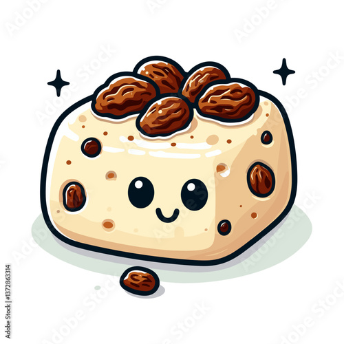 Vector illustration of cute nougat candy with nuts in kawaii style. Perfect for confectionery shop website, dessert blog, or sweet treat promotional material.