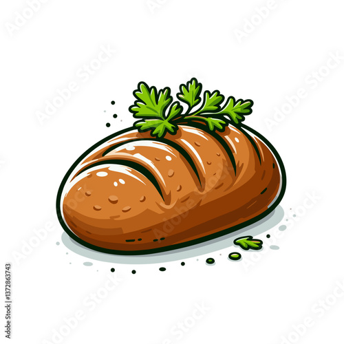 Vector illustration of crusty bread loaf with parsley garnish. Ideal for bakery websites, artisanal food blogs, and traditional cuisine promotions.
