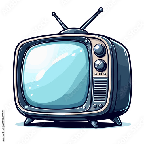 Vector illustration of vintage television set with rabbit ear antennas. Ideal for retro design blogs, media history websites, and nostalgic entertainment content.