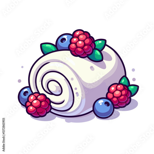 Vector illustration of berry roll cake with cream in sweet pastel colors. Ideal for bakery blogs and dessert recipe websites.