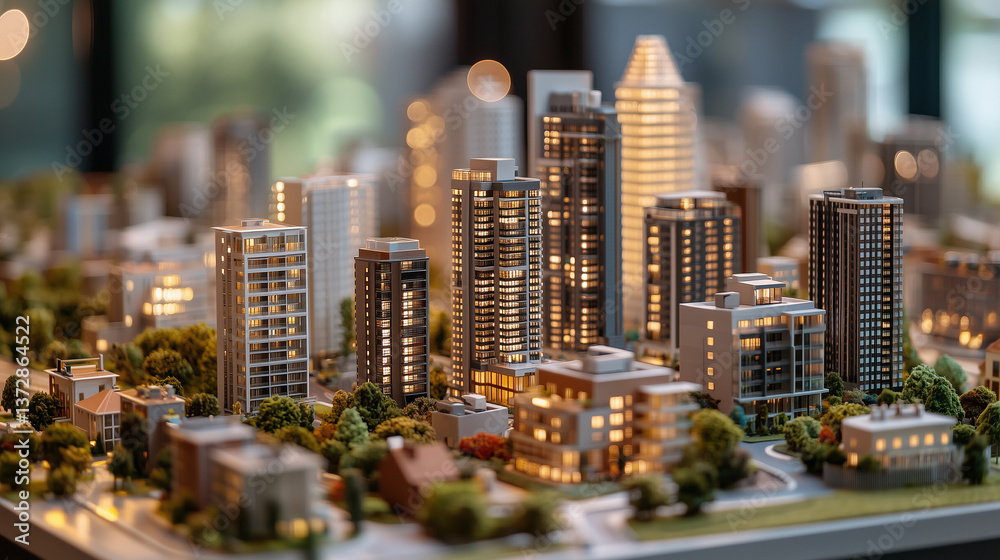 Obraz premium Mini apartment models with market prices, towering city apartments behind them.