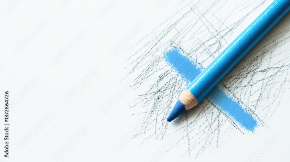 Blue colored pencil on sketched paper Blue colored pencil on sketched paper