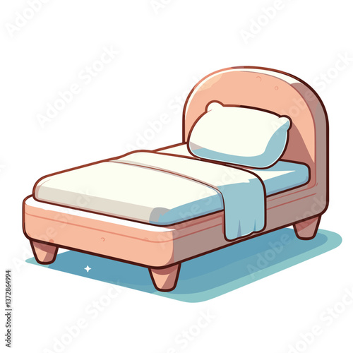 Vector illustration of single bed with pillow and blanket in pastel colors. Perfect for interior design blogs and bedroom furniture websites.
