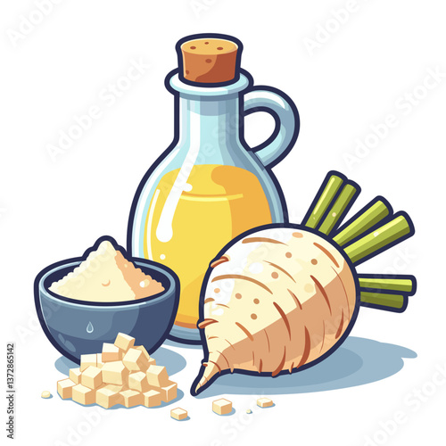 Vector illustration of parsnip roots, oil bottle and bowl in soft yellow tones. Ideal for vegetable recipes, organic food blogs, or healthy cooking websites.