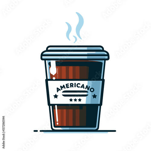 Vector illustration of americano coffee in disposable cup with steam in blue and brown colors. Ideal for cafe menus, coffee shop branding, or morning routine blogs.