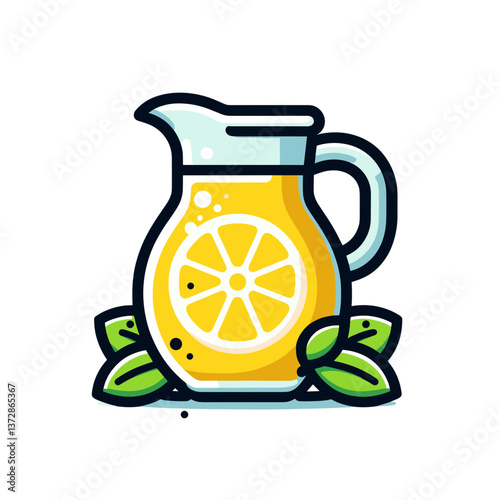 Vector illustration of lemonade pitcher with sliced lemon and mint in fresh yellow and green colors. Perfect for summer beverage blogs, refreshment recipes, or cafe menus.