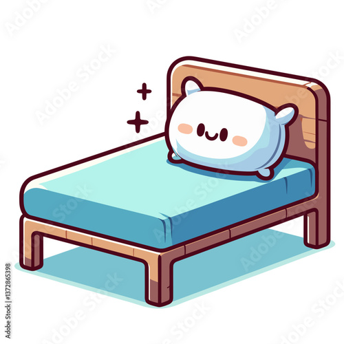 Vector illustration of cute cat pillow on single bed in soft blue and beige tones. Perfect for children's room decor, bedroom furniture websites, or cozy home blogs.