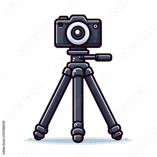 Vector illustration of camera on tripod for professional photography. Ideal for photography equipment guides, content creation tutorials, and video production blogs.