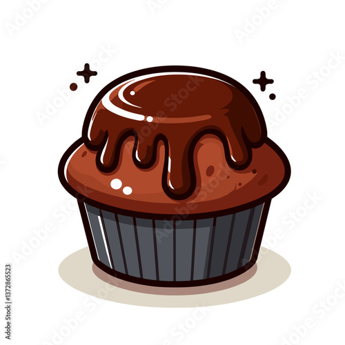 Vector art of chocolate muffin with dripping ganache topping. Perfect for bakery websites, dessert recipe blogs, and café menu designs.