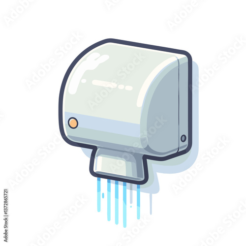 Vector illustration of wall-mounted electric hand dryer with air flow. Perfect for bathroom fixture websites, commercial washroom equipment, and hygiene facility supplies.