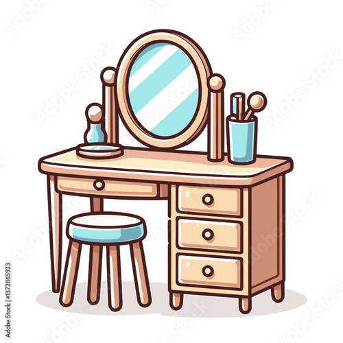Vector illustration of wooden vanity table with mirror, stool and cosmetics. Perfect for bedroom furniture websites, beauty salons, and interior design blogs.