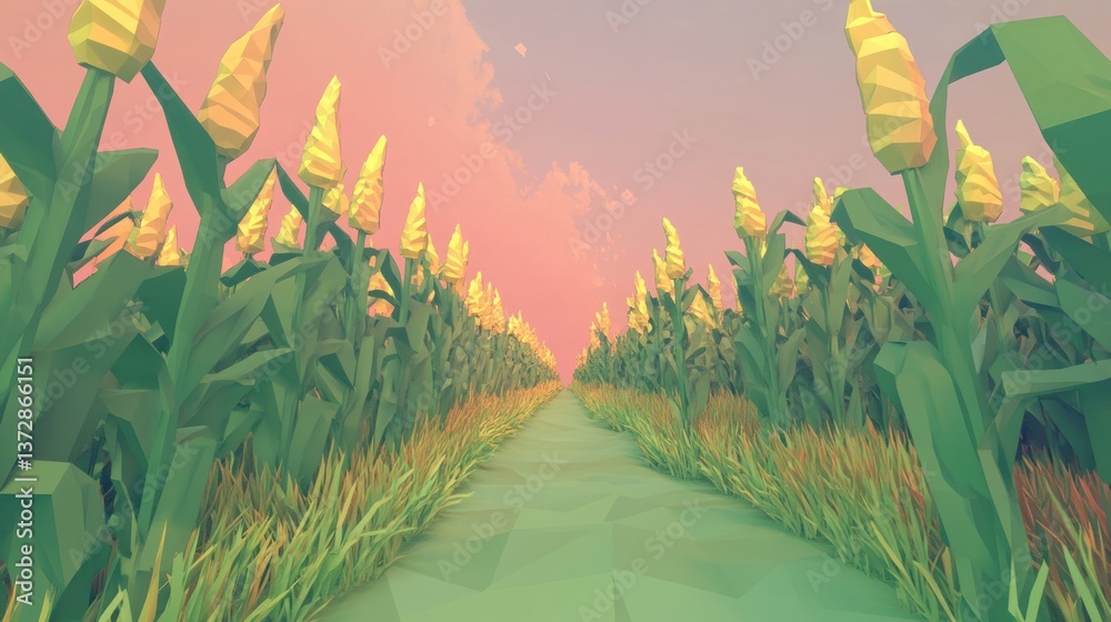 Obraz premium Low-poly cornfield path at sunset
