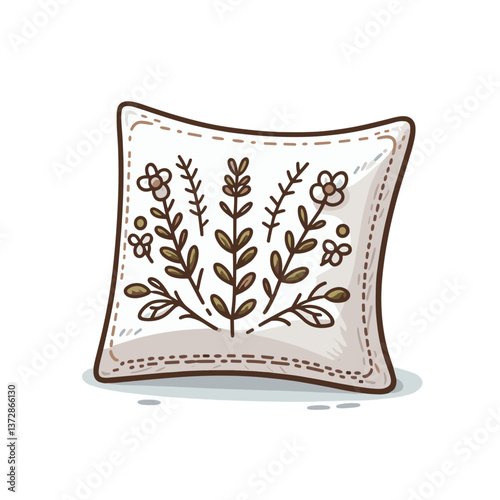 Vector illustration of decorative throw pillow with embroidered floral pattern. Perfect for home decor websites, textile shops, and interior design blogs.