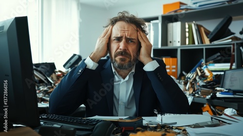 Overwhelmed office worker struggles with stress in chaotic workspace professional environment close-up perspective