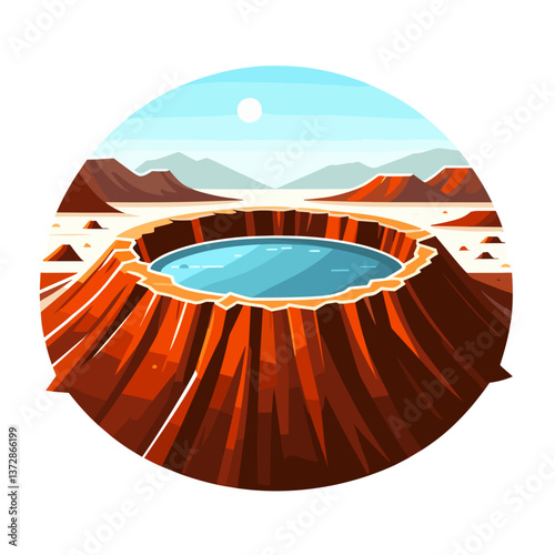 Vector illustration of volcano crater with water in natural landscape style. Ideal for travel blogs and geological education websites.