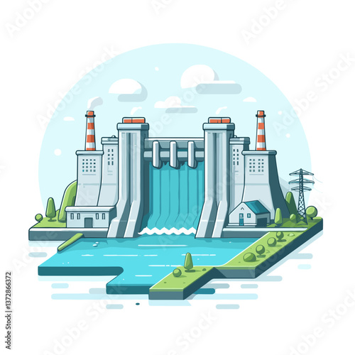 Vector illustration of hydroelectric dam power station in blue and green tones. Perfect for renewable energy blogs and infrastructure education.