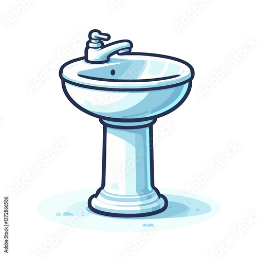 Vector illustration of bathroom sink with faucet in clean white and blue tones. Perfect for plumbing services, bathroom renovation websites, or home improvement blogs.