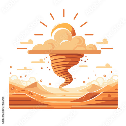 Vector illustration of desert tornado or dust devil with sun and clouds in warm orange tones. Ideal for weather websites, natural disaster awareness, or climate education.