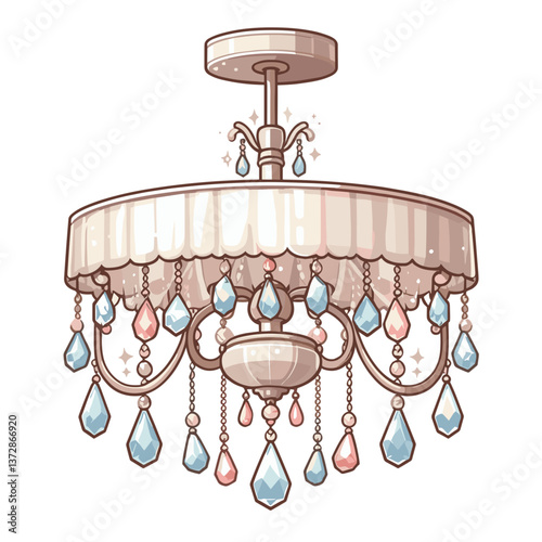 Vector drawing of elegant crystal chandelier with fabric trim. Perfect for luxury interior design websites, lighting fixture catalogs, and upscale home decor guides.