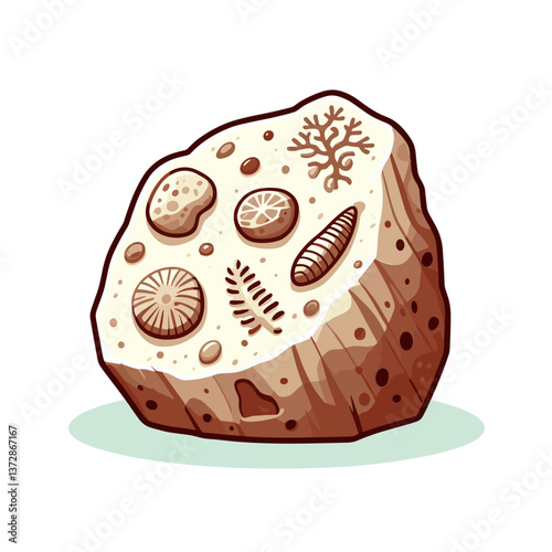 Vector illustration of decorative stone with seashells and marine fossils. Ideal for geology educational materials, beach decor website, or natural history museum visualization.