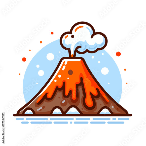 Vector illustration of erupting volcano with red lava and smoke cloud on blue background. Perfect for educational materials, nature documentary visualization, or geological phenomenon explanation.