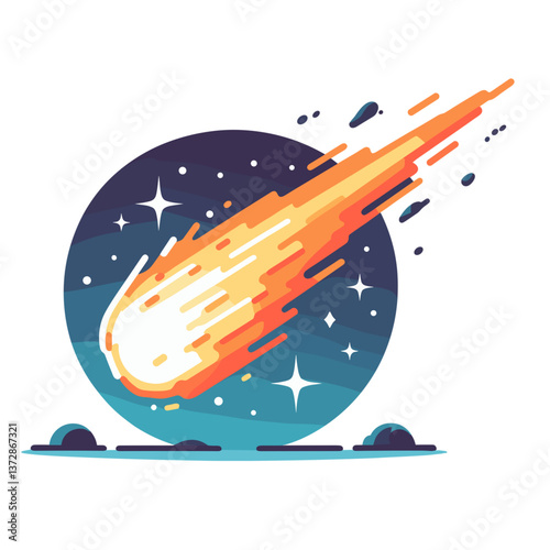 Vector illustration of flaming meteorite or comet on night sky background in circular frame. Ideal for astronomy educational content, space science visualization, or cosmic event illustration.