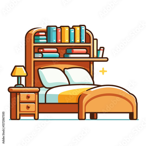 Vector illustration of wooden bed with headboard bookshelf and nightstand. Perfect for furniture stores, bedroom decor websites, and interior design blogs.